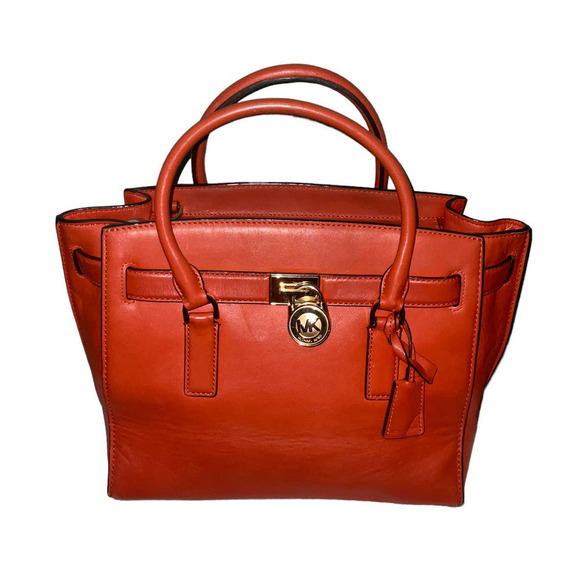 MICHAEL KORS HAMILTON TRAVELER GENUINE LEATHER SATCHEL/ SHOULDER BAG ORANGE - Picture 2 of 15